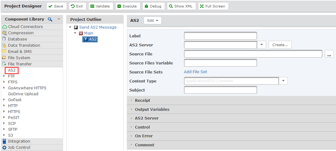 The AS2 Task in Project Designer AS2 Project Designer